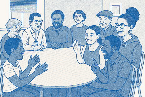 A group of people sat around a table, with three of them talking using British Sign Language and the rest watching and smiling