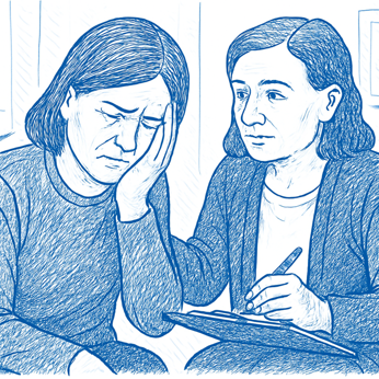 A graphic to help visualise 'Trauma Responsive Practice'. A professional with a clipboard and pen is empathetically supporting a woman who is holding her head in her hand, looking sad.