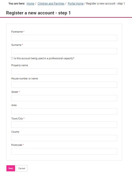 Screenshot of step 1 of registering a new account.