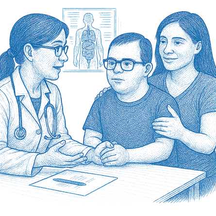 A graphic visualising 'Think Family'. A mother supports her adult son who has Downs Syndrome at his visit to the doctors.