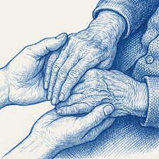 An close-up illustration of a carer's hands holding the hands of an older, cared for lady