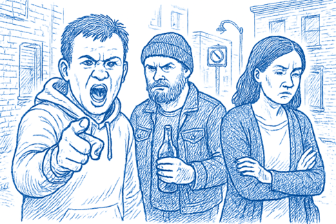 An illustration representing Anti-Social Behaviour. Three people in the street - an agressive-looking man shouting and pointing his finger, an angry looking man with a bottle of alcohol and a woman with her arms folded, looking annoyed by the men and facing away from them.