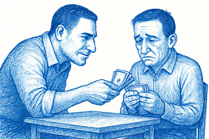 Illegal Money Lending graphic. A menacing-looking man is holding out a wad of cash to another man, who looks very sad and worried.